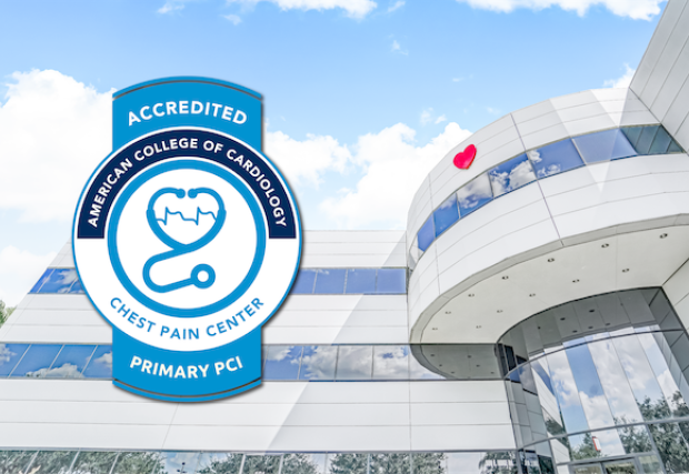 The chest pain badge superimposed over an image of the hospital