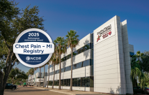 STHS Heart exterior shot with the American College of Cardiology Chest Pain ̶ MI Registry Silver Award Badge superimposed over the image